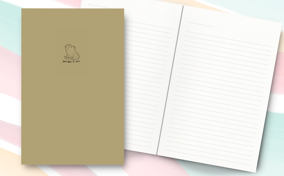 Notebook with a brown cover and lined pages on a colorful background
