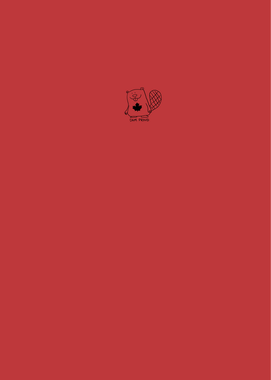 This image displays the cover of a charming notebook titled "Dam Proud." The notebook features a soft matte cover in a bold red color, with a unique design of a cute beaver with a maple leaf.