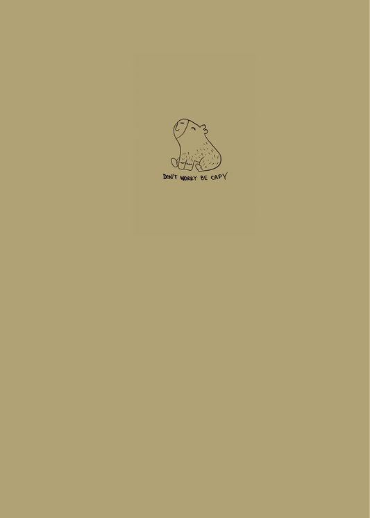 Minimalist design with a capybara illustration 'Don't worry be capy' text on a beige background