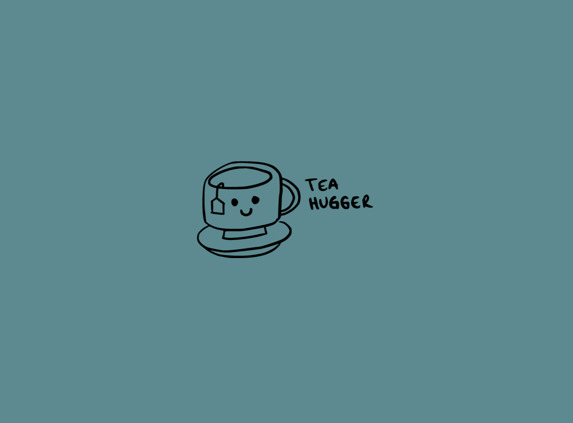 A plain teal-colored notebook with a small graphic of a tea cup on the cover, titled 'Tea Hugger'.