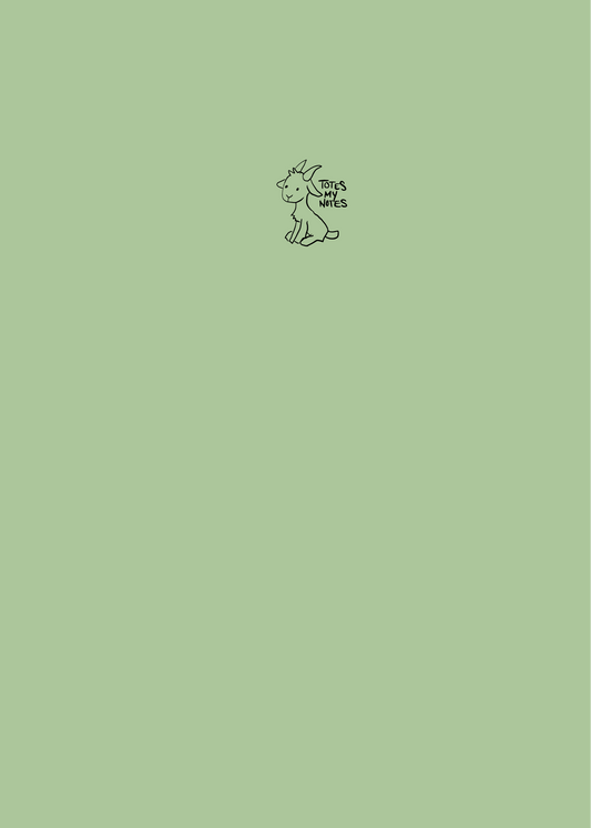 A soft green colour notebook cover with a sweet little goat with the words 'Totes my Notes'.