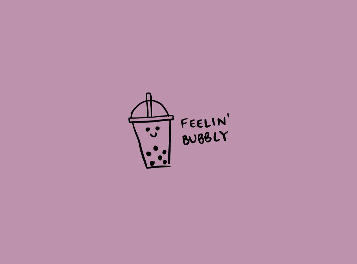 A soft purple colour notebook cover with a drawing of a bubble tea a cute smile and the words 'Feelin' Bubbly'.