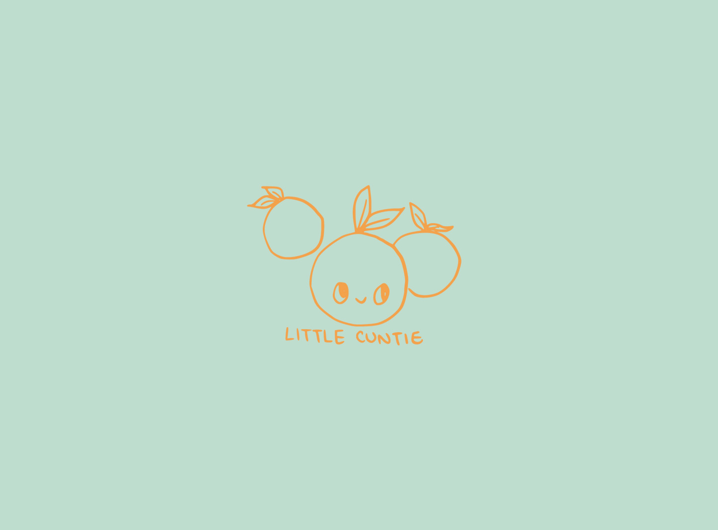soft green cover of notebook, with 3 little oranges, one with a cute smiling face with the words below 'little cuntie'