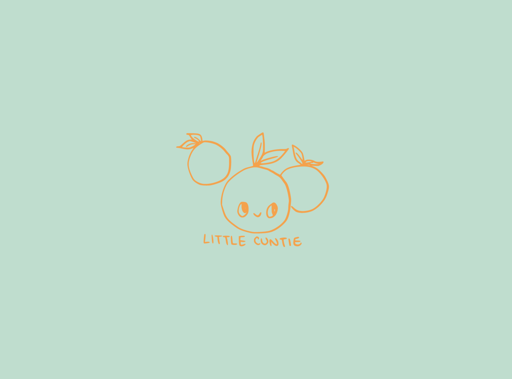 soft green cover of notebook, with 3 little oranges, one with a cute smiling face with the words below 'little cuntie'
