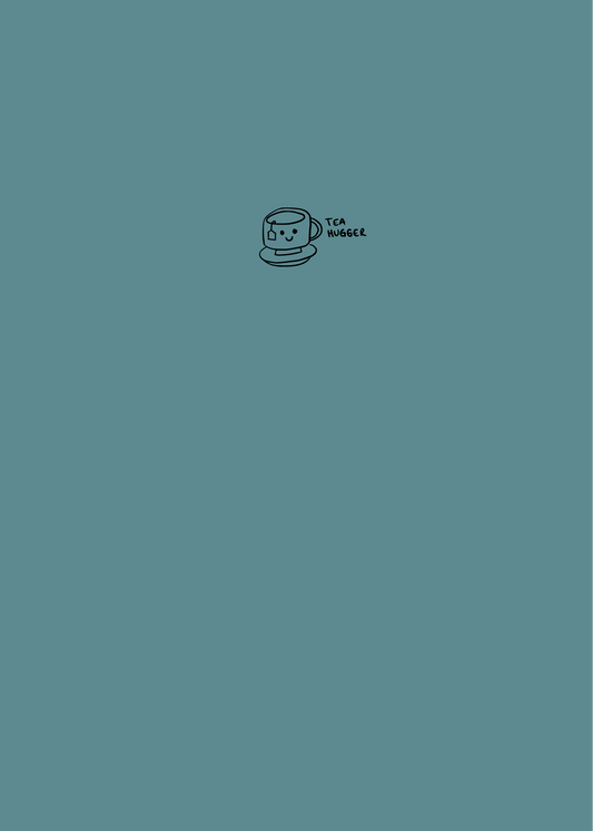 A plain teal-colored notebook with a small graphic of a tea cup on the cover, titled 'Tea Hugger'.