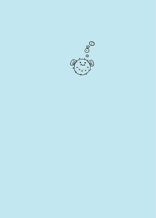 Soft blue cover of a notebook features a soft matte finish with a minimalist design. Image drawing of a adorable puffer fish with bubbles that spell out 'cunt'.