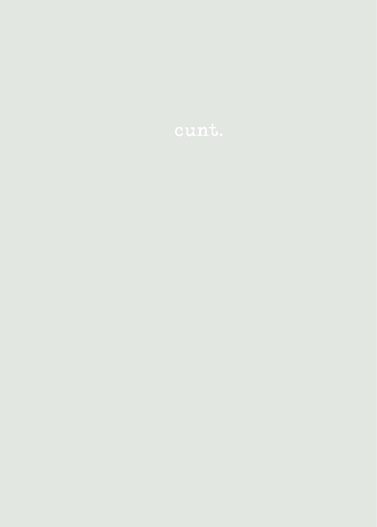 This image displays a simple and understated notebook with a sea-sand grey cover. The front cover features the word "cunt.