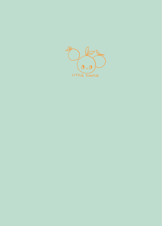 soft green cover of notebook, with 3 little oranges, one with a cute smiling face with the words below 'little cuntie'