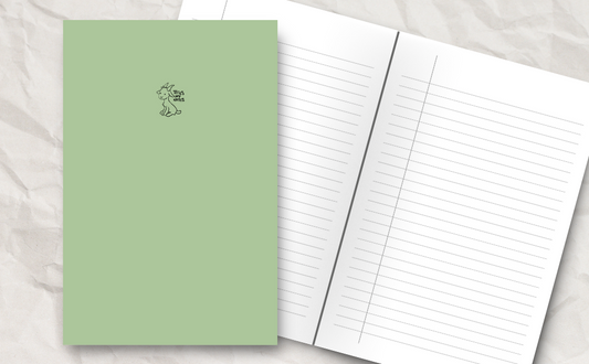 A soft green colour notebook cover with a sweet little goat with the words 'Totes my Notes'. Inside lined pages.