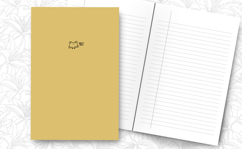 A yellow notebook with a simple black line drawing of a cute little frog on the cover with the words 'Brain frog', inside lined pages.
