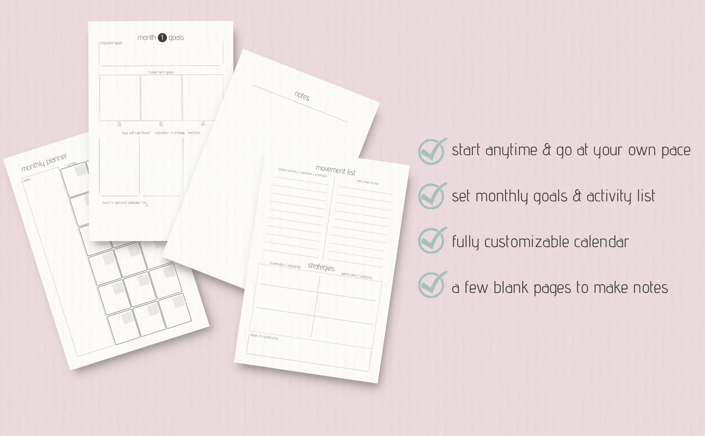 Planner pages on a pink background with text about customizable features.