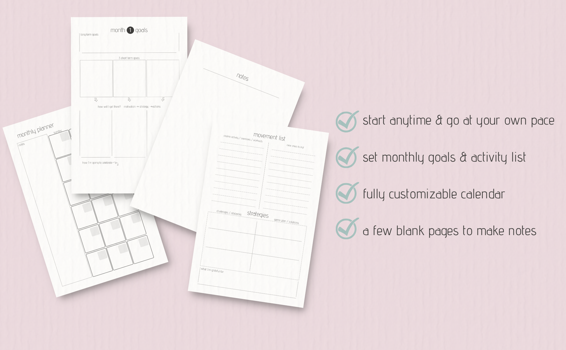 Planner pages on a pink background with text about customizable features.