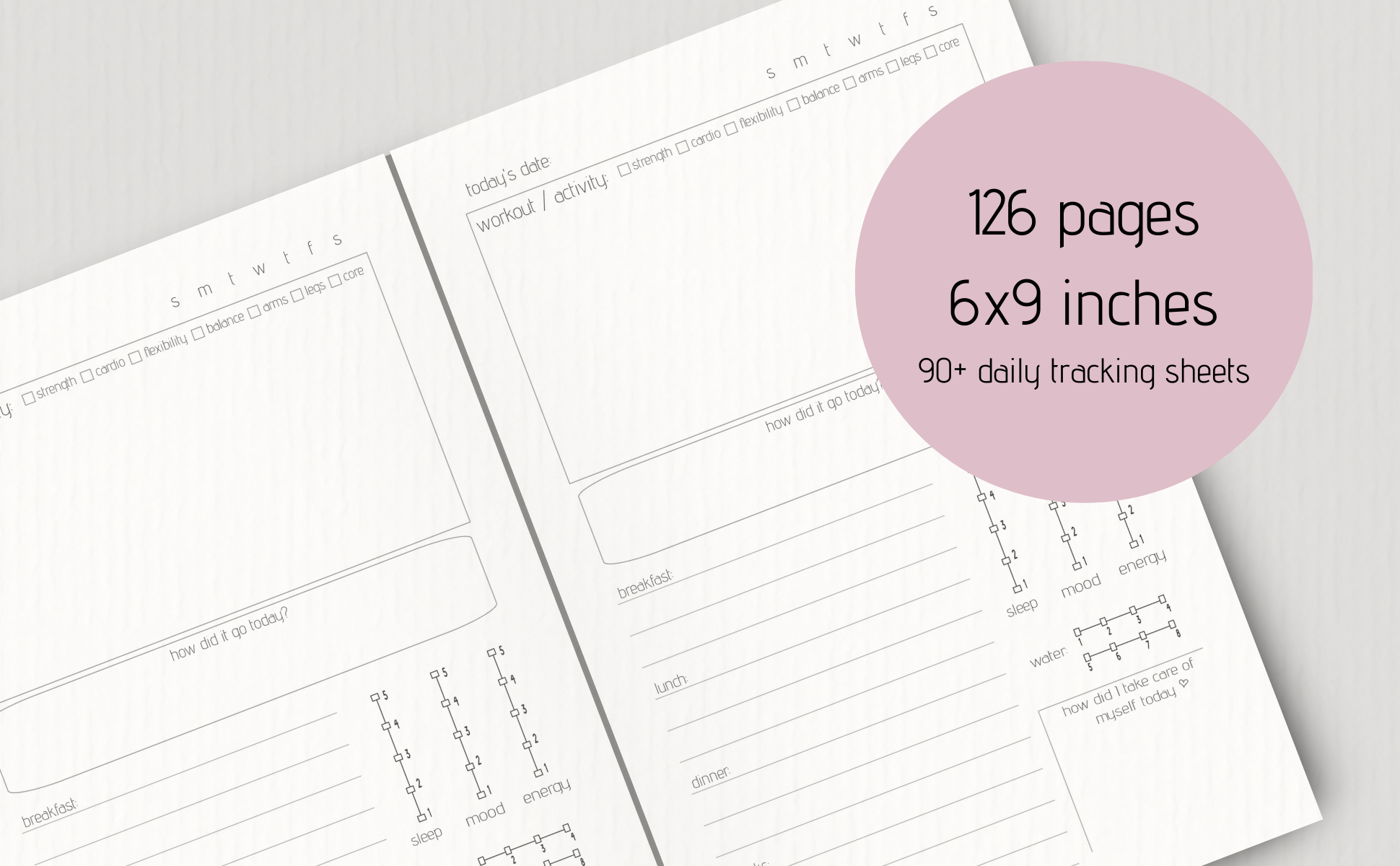 Open planner with daily tracking sheets on a light gray background, featuring text about page count and dimensions.