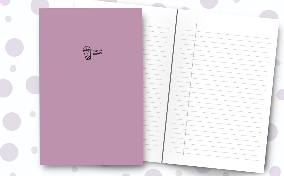 A soft purple colour notebook cover with a drawing of a bubble tea a cute smile and the words 'Feelin' Bubbly'. Inside lined pages.
