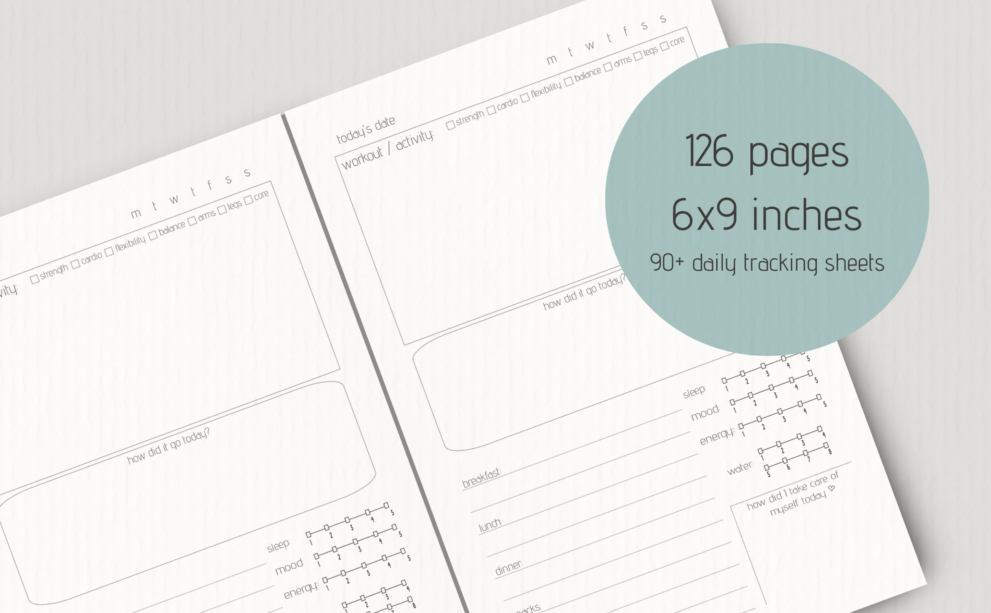 Open planner with daily tracking sheets on a light gray background, featuring text about page count and dimensions.
