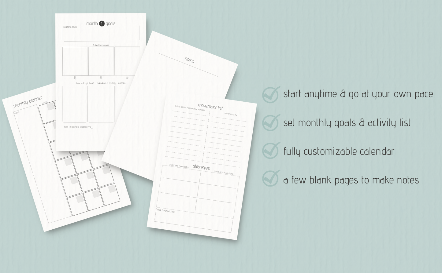 Set of planner sheets on a light blue background with text about customizable calendar features.