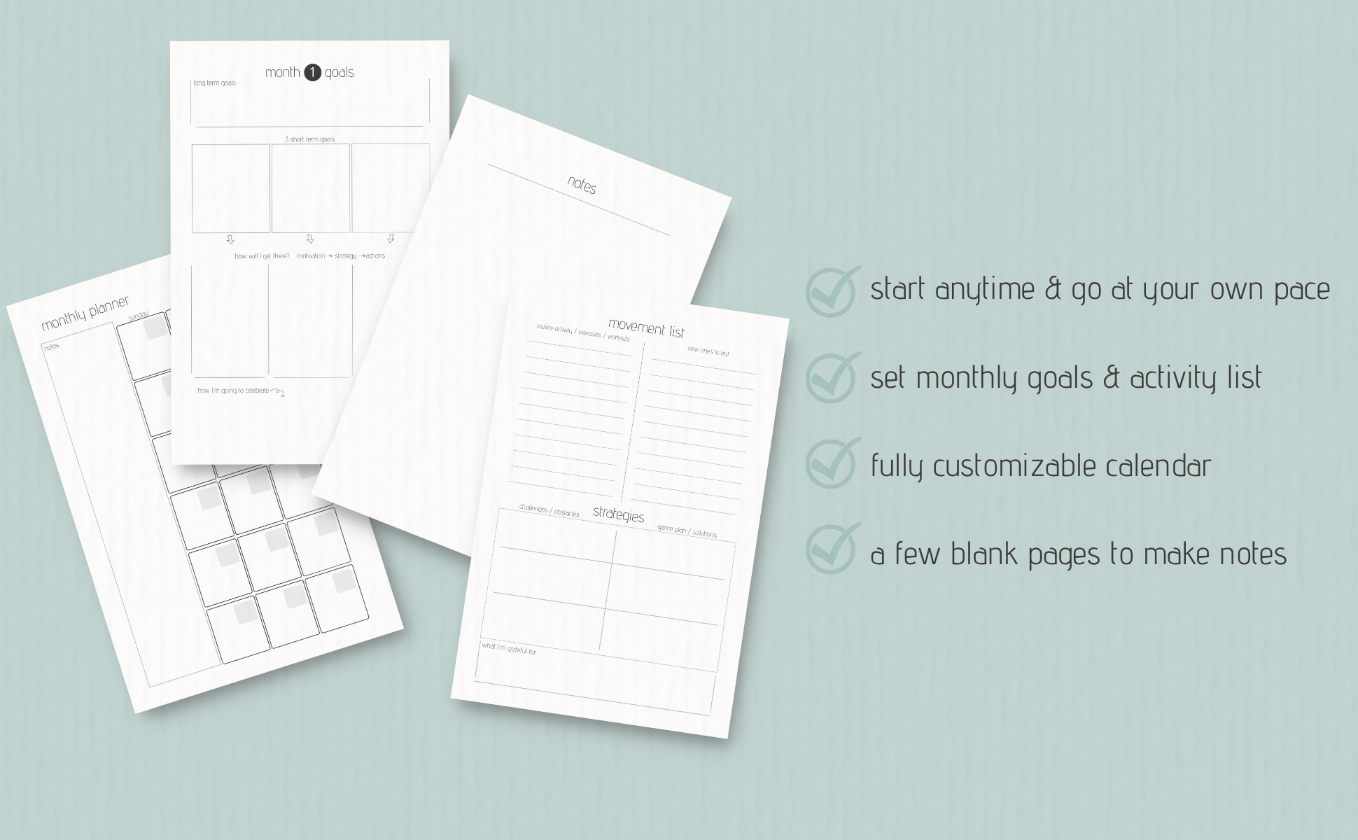 Set of planner sheets on a light blue background with text about customizable calendar features.