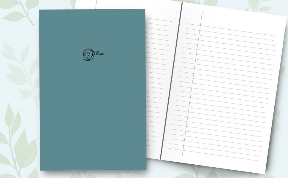 A plain teal-colored notebook with a small graphic of a tea cup on the cover, titled 'Tea Hugger'. Inside lined pages.