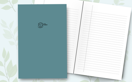 A plain teal-colored notebook with a small graphic of a tea cup on the cover, titled 'Tea Hugger'. Inside lined pages.