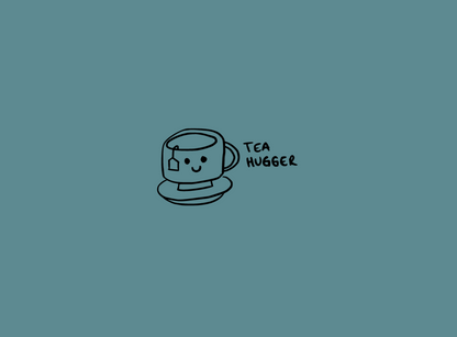 A plain teal-colored notebook with a small graphic of a tea cup on the cover, titled 'Tea Hugger'.
