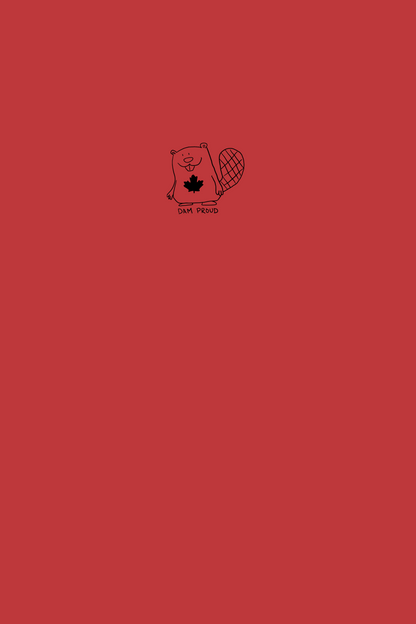 This image displays the cover of a charming notebook titled "Dam Proud." The notebook features a soft matte cover in a bold red color, with a unique design of a cute beaver with a maple leaf.