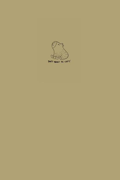 Minimalist design with a capybara illustration 'Don't worry be capy' text on a beige background