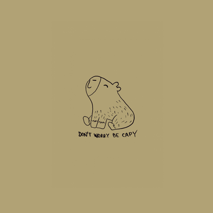 Illustration of a capybara with 'Don't worry be capy' text on a beige background