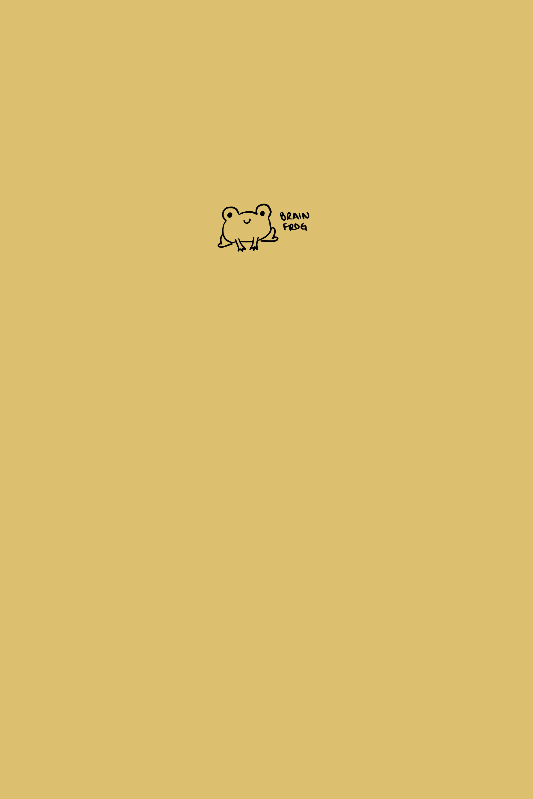 A yellow notebook with a simple black line drawing of a cute little frog on the cover with the words 'Brain frog'.