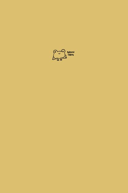 A yellow notebook with a simple black line drawing of a cute little frog on the cover with the words 'Brain frog'.