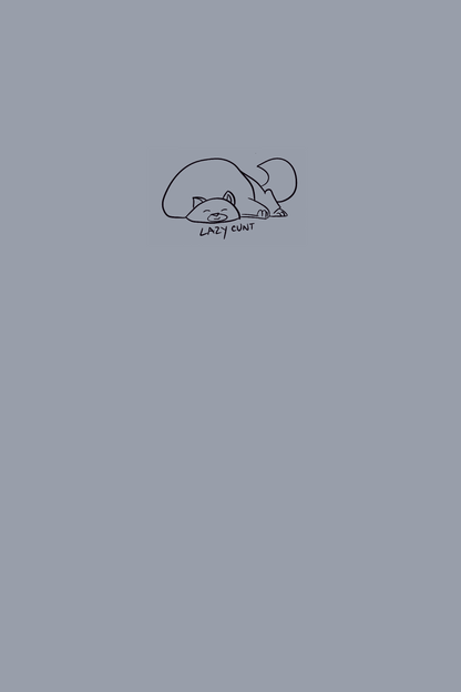Cute drawing of a cat sleeping with the words 'lazy cunt' on a soft matte cover.
