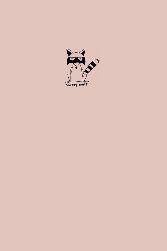 Cute racoon with words 'sneaky cunt' on a soft pink cover.