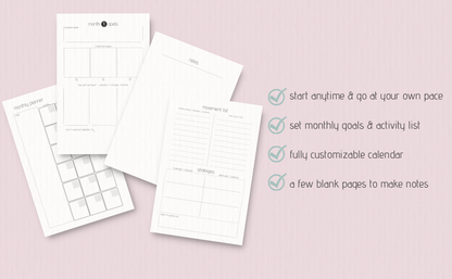 Planner pages on a pink background with text about customizable features.