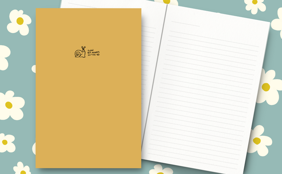 Cute little snail with the words 'slow but always on the go' on a soft yellow colour cover. Inside lined pages.