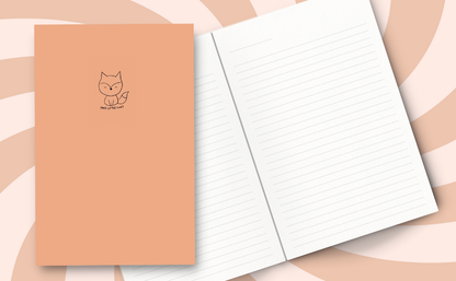 Adorable line drawing of a fox on a peach-colored background with text 'Foxy Little Cunt'. Inside lined pages. 