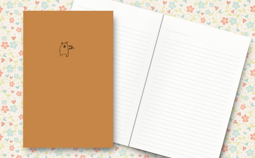 Sweet little bear with words 'grin and bear it' on a soft brown cover. Inside lined pages.